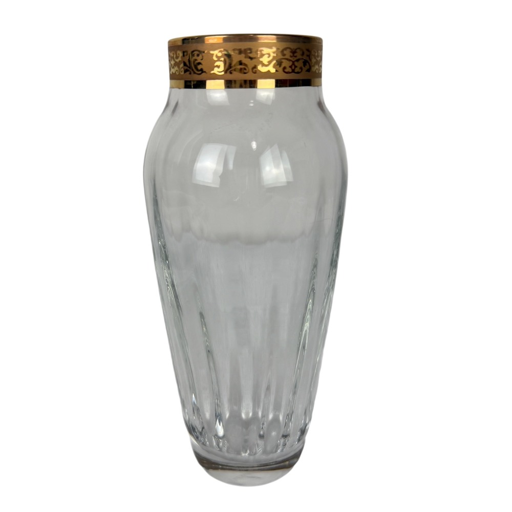 Vintage Lenox Crystal Glass Paneled Vase Gold Encrusted Scroll Rim Ribbed 8"